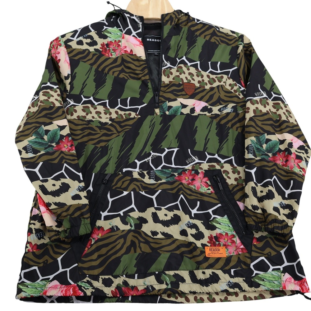 Reason Clothing Mens XL Animal Floral Print Half Zip Windbreaker Jacket Hooded